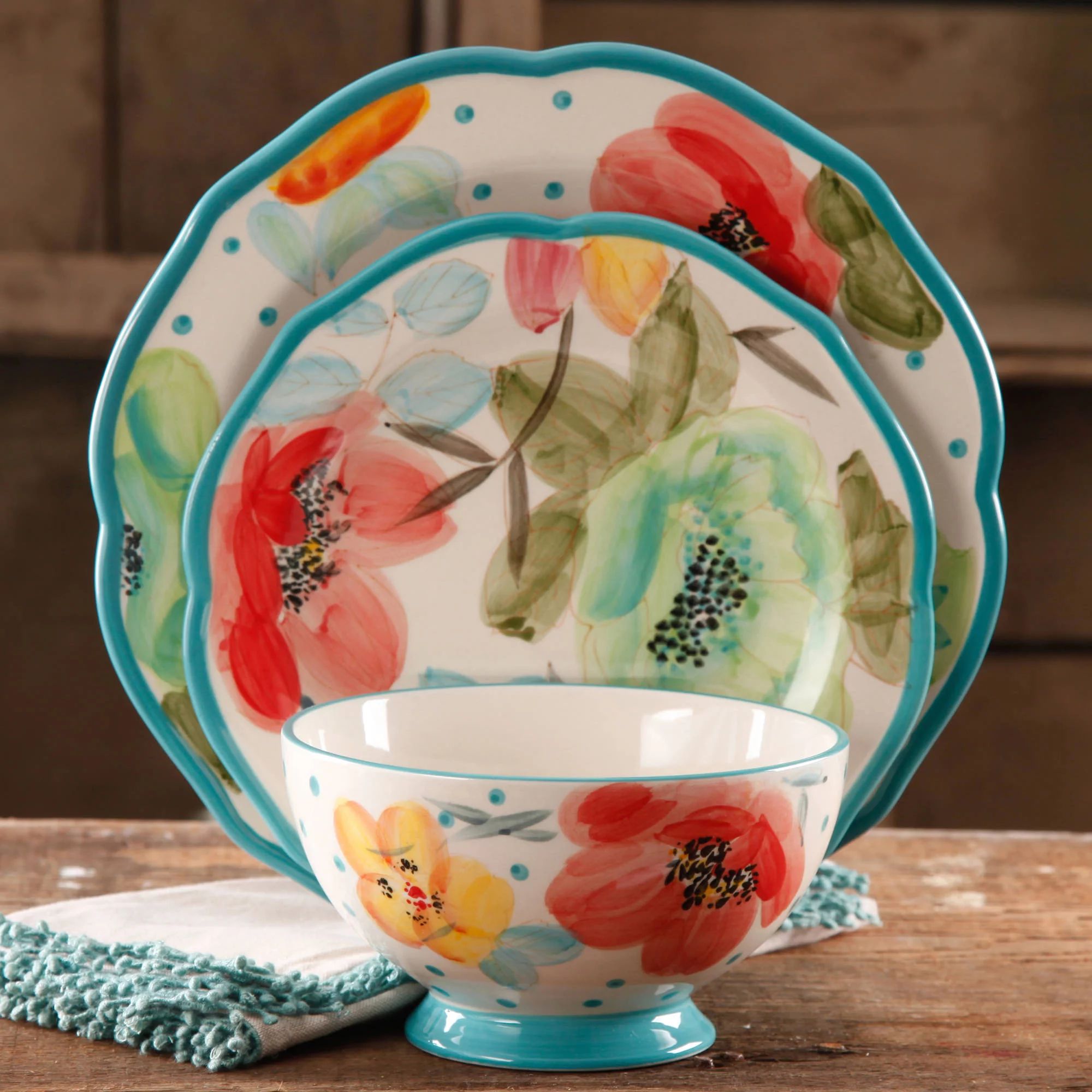 The Pioneer Woman Vintage Bloom 12-Piece Dinnerware Set, Turquoise - Walmart.com | Walmart (US)