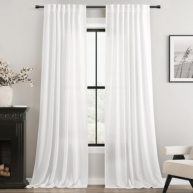 Linen White Curtains 86 inches Long for Bedroom Loop Pocket Privacy Light Filtering Semi Sheer Wh... | Amazon (US)