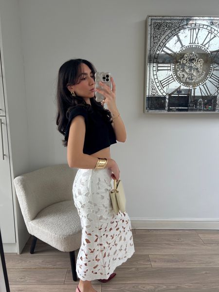 Broderie anglaise skirt, midi skirt, black crop top, spring outfit, kitten heels, going out outfit, h&m, pull&bear

#LTKSeasonal #LTKstyletip #LTKeurope