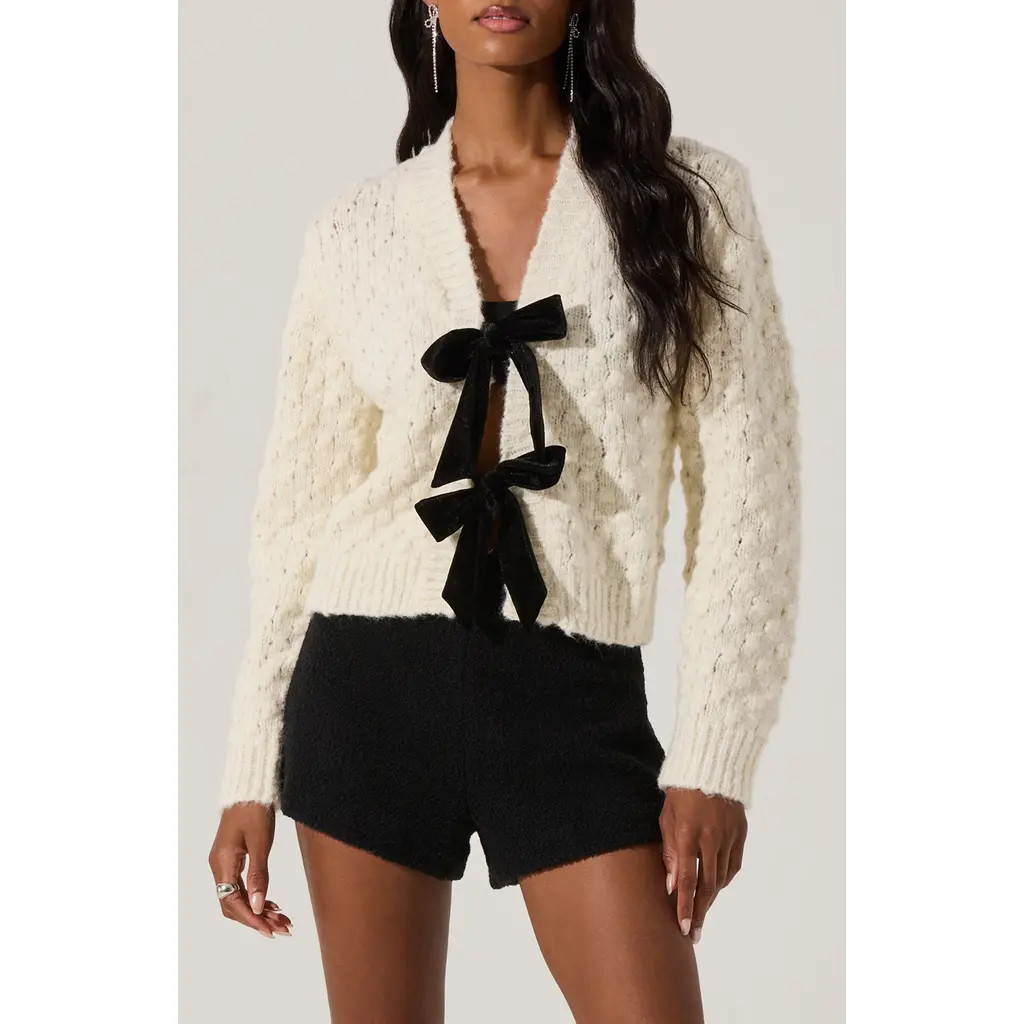 ASTR the Label Velvet Bow Cardigan in Off White at Nordstrom, Size X-Small | Nordstrom