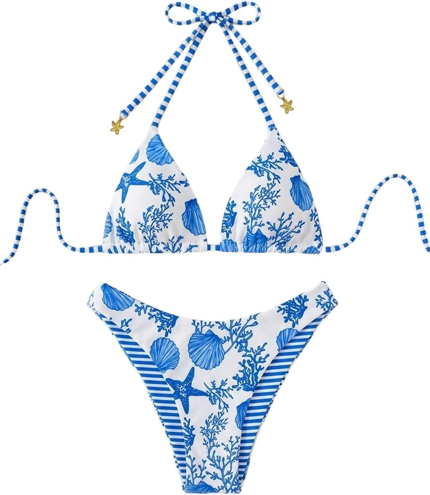 WDIRARA Women's 2 Piece Floral Striped Bikini Set Halter String Thong Swimsuit High Cut Bathing S... | Amazon (US)