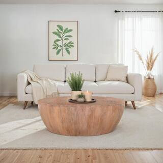 THE URBAN PORT Arthur 35.5 in. Distressed Brown Round Drum Wooden Coffee Table with Plank Design ... | The Home Depot