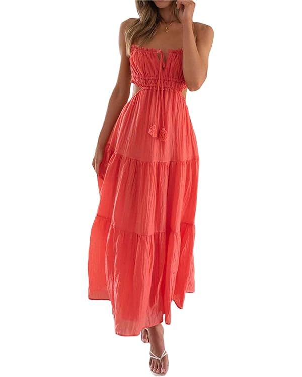 Women's Y2k Cut Out Backless Maxi Dress Bodycon Long Flowy Dresses Summer Boho Spaghetti Strap Lo... | Amazon (US)
