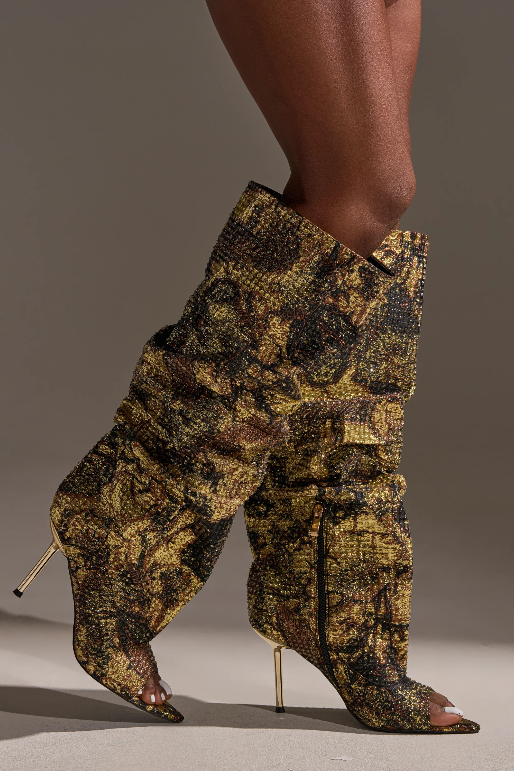 AZALEA WANG YARDLEY MULTI GOLD RHINESTONE COVERED OPEN TOE BOOT | AKIRA