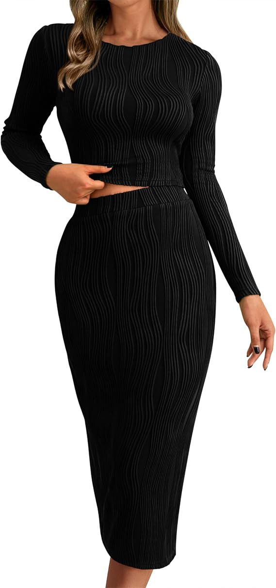 dowerme Women's Fall 2 Piece Outfits Casual Long Sleeve Crewneck Crop Tops Knit High Waist Bodyco... | Amazon (US)