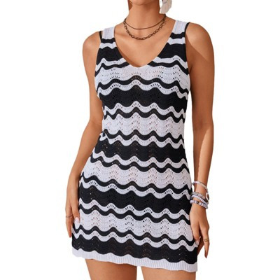 Womens Swimsuit Cover Up Summer Sleeveless Knit Bathing Suit Coverup Crochet Hollow Out Beach Dress Black White Stripe L | Target