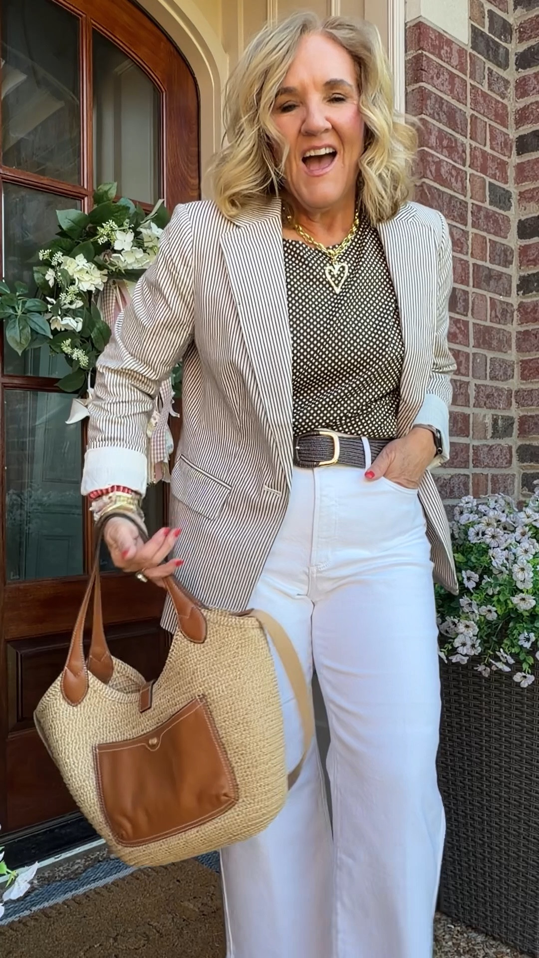 Business casual outfit 
Blazer size 10 petite 
Jeans size 29 petite I’ll link the full length option too. They come in regular and tall as well! 
Knit top size medium 
10% off my bag code NANETTE 
Jewelry 20% off code NANETTE20

#LTKWorkwear #LTKOver40 #LTKPetite