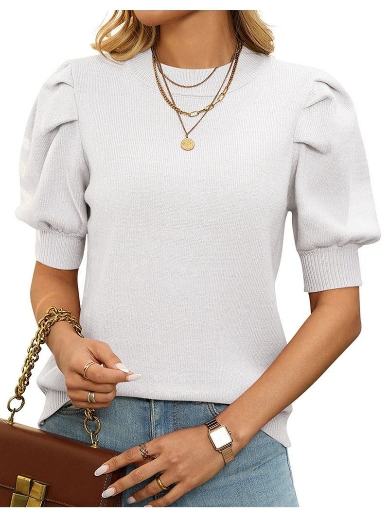 Cogild Puff Sleeves Sweaters for Womens Short Sleeve Crew Neck Oversized Sweaters Tops Solid Colo... | Walmart (US)