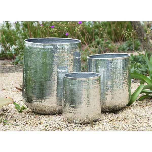 Set of 3 Large Round Silver Hammered Metal Planters by Studio 350 | Bed Bath & Beyond
