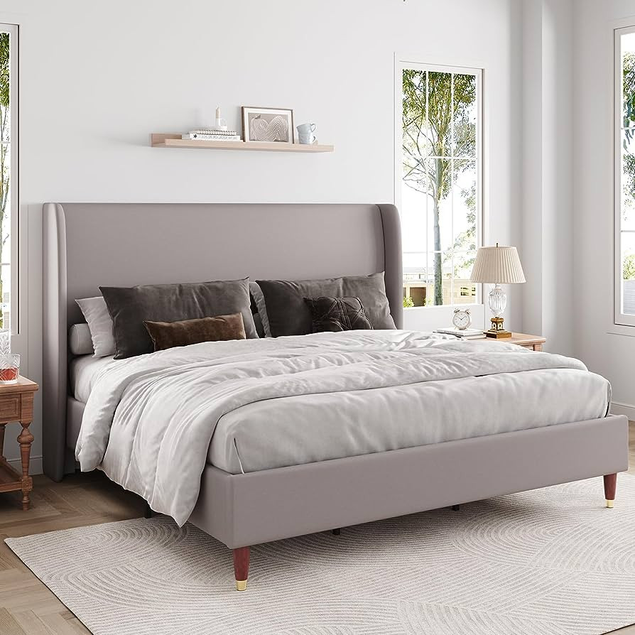 Jocisland King Size Bed Frame 51.2" High Linen Upholstered Platform Bed with Wingback Headboard/N... | Amazon (US)