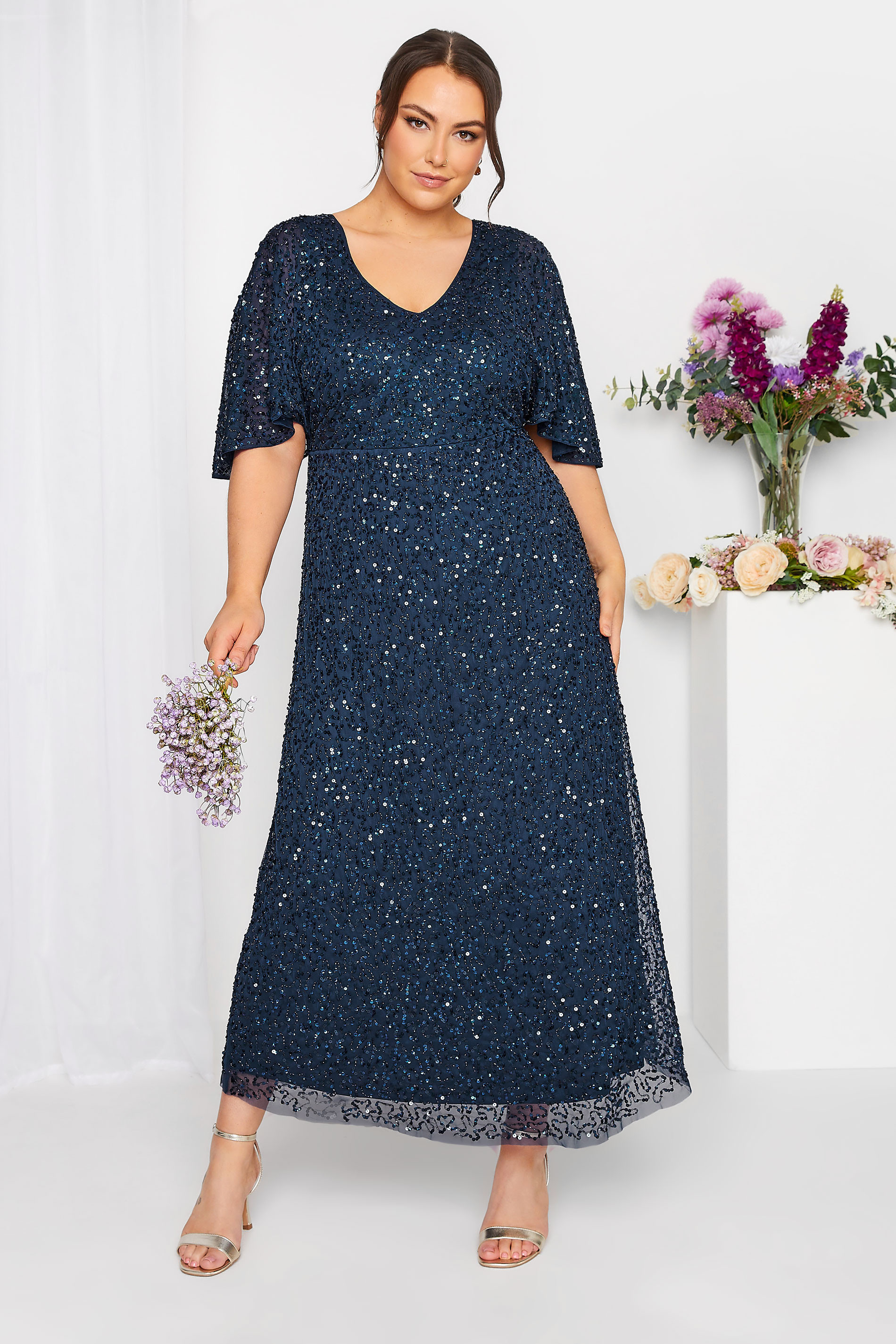 LUXE Plus Size Navy Blue Hand Embellished V-Neck Maxi Dress | Yours Clothing UK