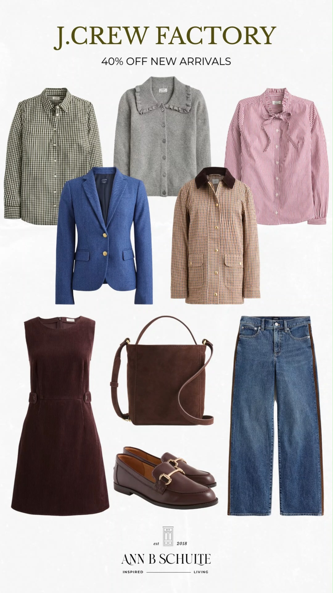 J.Crew Factory new arrivals are 40% off, and this edit is full of polished pieces made for effortless fall dressing. From classic button-downs and feminine cardigans to tailored blazers, rich brown accessories, loafers, and easy everyday dresses, these finds bring a timeless preppy feel to the season. Soft pink, chocolate brown, navy, and subtle prints make the collection easy to mix and match for workdays, weekends, and everything in between. A fresh lineup of versatile fall staples that can be styled on repeat all season long. 🍂🤎✨
#JCrewFactory #JCrewFactorySale #FallNewArrivals #FallFashion #FallStyle #PreppyStyle #FallWardrobe #FallOutfits #ClassicStyle #FashionFinds 

 #LTKootd #LTKSaleAlert