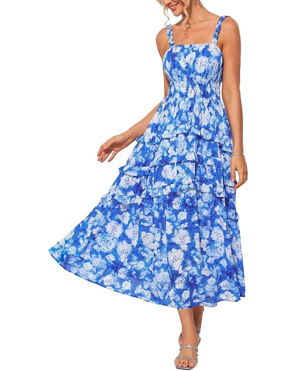 GRACE KARIN Women's Floral Summer Wedding Guest Dresses 2025 Trendy Long Flowy Smocked Tiered Max... | Amazon (US)