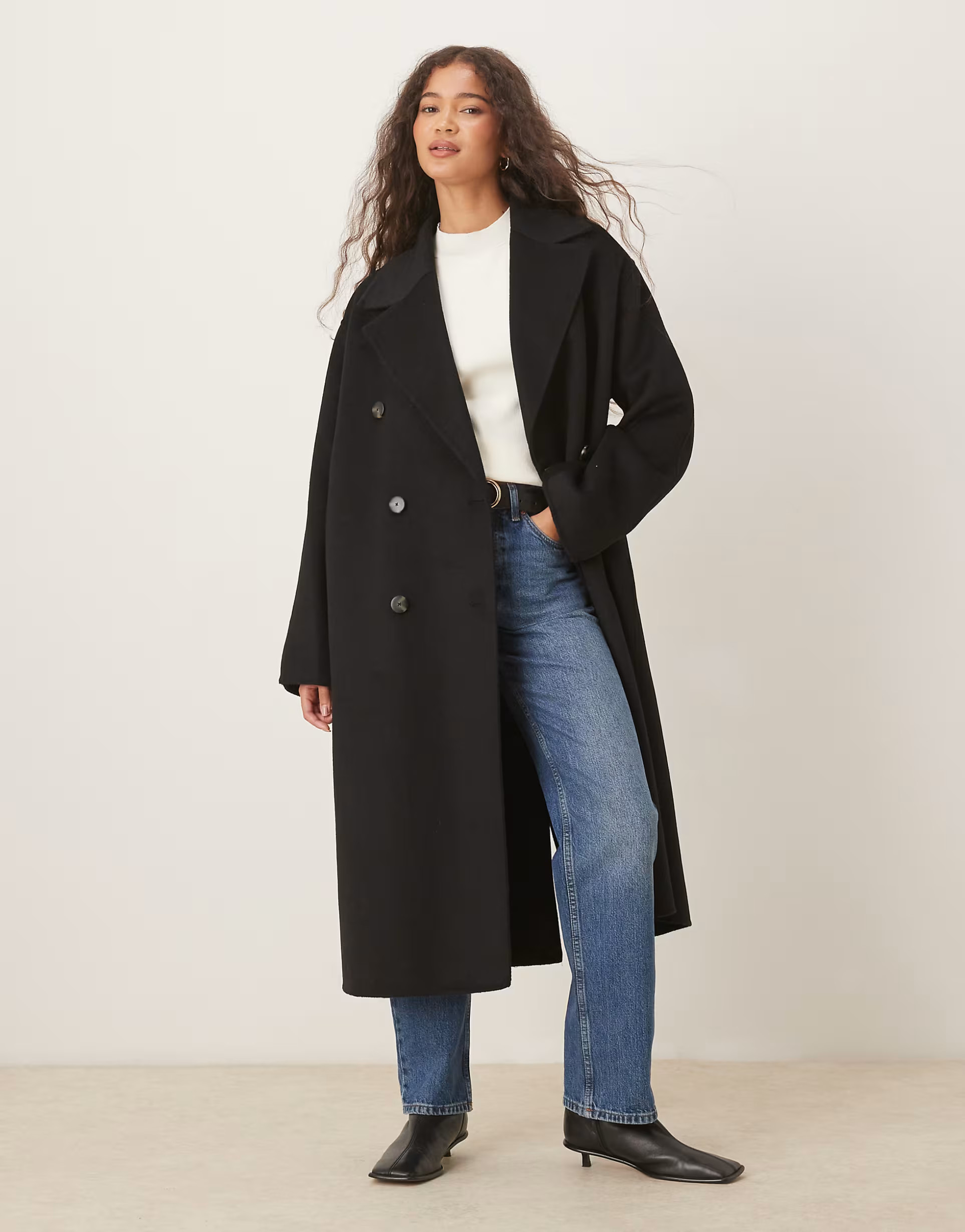 Mango wool mix double breasted midi coat in black | ASOS (Global)