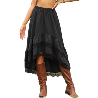 INSPIRE CHIC Women's Fairy Lace Ruffled Asymmetrical High Waist Vintage A-Line Midi Skirts Medium Black | Target