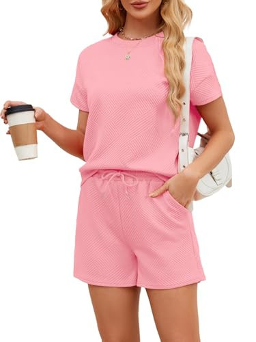 IFFEI Women's 2 Piece Lounge Sets Casual Outfits Pajamas Short Sleeve Shirts Shorts Cozy Sweatsuit Set with Pockets S Pink | Amazon (US)