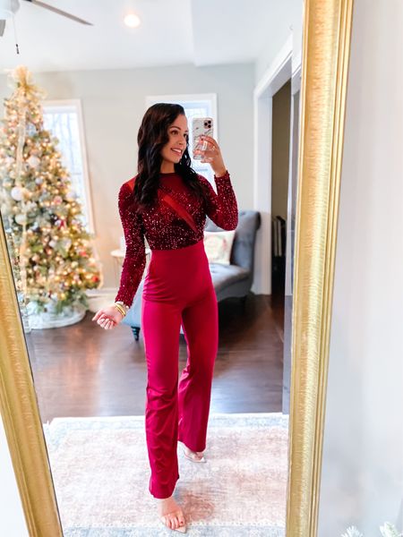 Under $50 amazon burgundy sequin jumpsuit (small, 5+ colors) this is so fun for the holiday season and the black version would be great for New Year’s Eve! Under $40 clear pointed toe heels (tts) #founditonamazon 

#LTKwedding #LTKunder50 #LTKHoliday