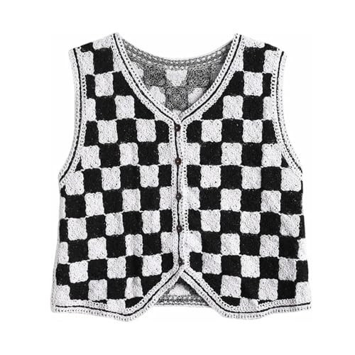Women's Casual Sleeveless V-Neck Buttoned Knit Cardigan Short Knit Vest (US, Alpha, Small, Regular, Regular, Black-White Check) | Amazon (US)
