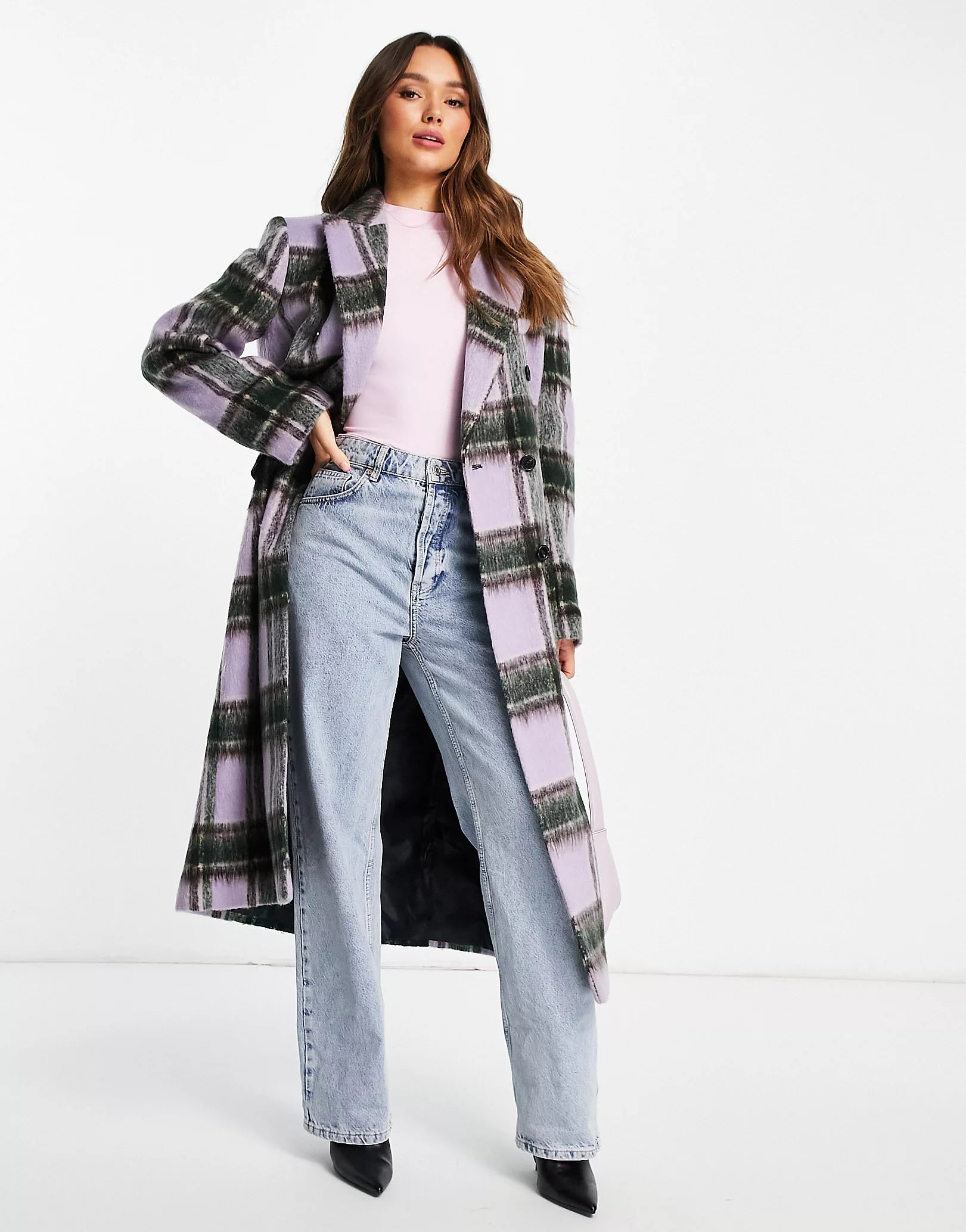 Topshop check double breasted long coat in lilac | ASOS | ASOS (Global)