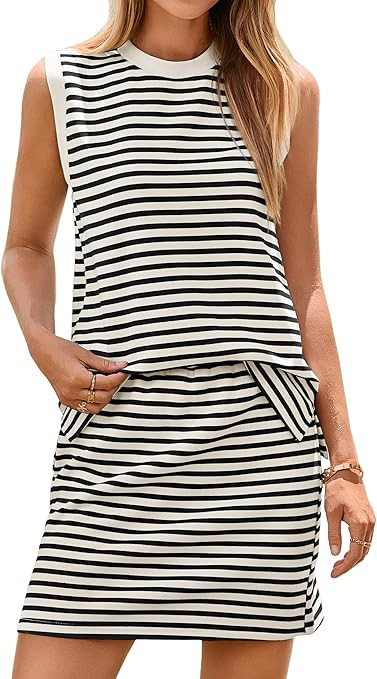Glamaker Summer 2 Piece Short Skirt Sets For Women Striped Sleeveless Tennis Skorts Travel Vacati... | Amazon (US)