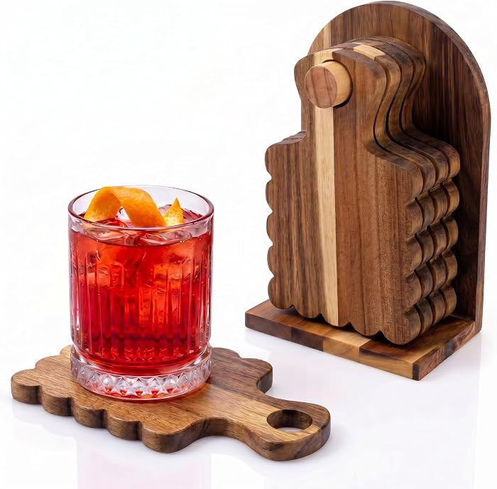 Scalloped Acacia Wood Coasters Set of 4 with Holder, Decorative Wooden Drink Coasters for Coffee Table, Farmhouse Cottagecore Kitchen Decor, Housewarming Gift | Amazon (US)