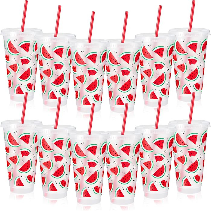 SiliFine 12 Pcs Plastic Watermelon Cups 24oz Reusable Tumbler with Lid and Straw Watermelon Party... | Amazon (US)