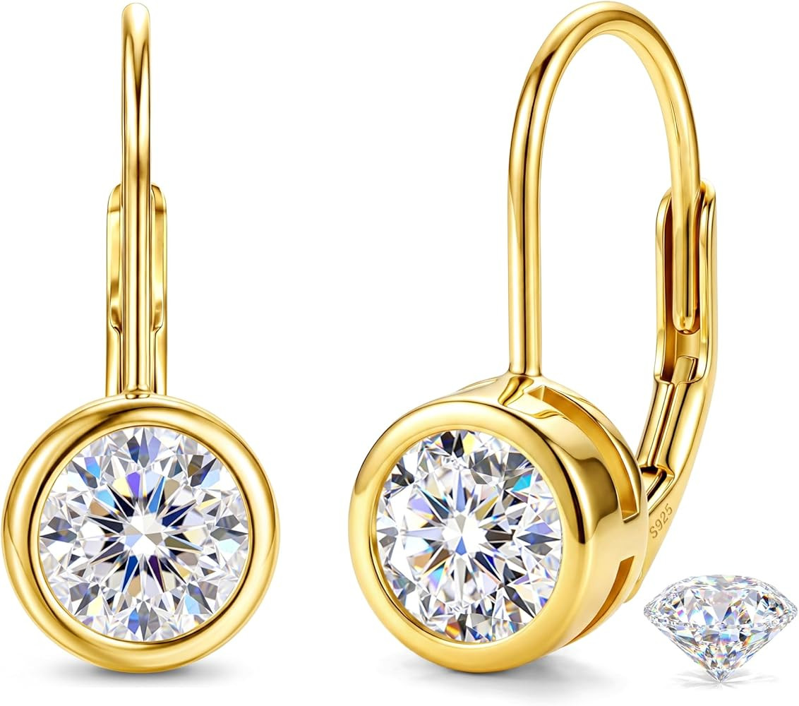 GEMQUEEN Moissanite Earrings : 18K Gold Plated Solid 925 Sterling Silver Leverback Earrings Hypoa... | Amazon (US)