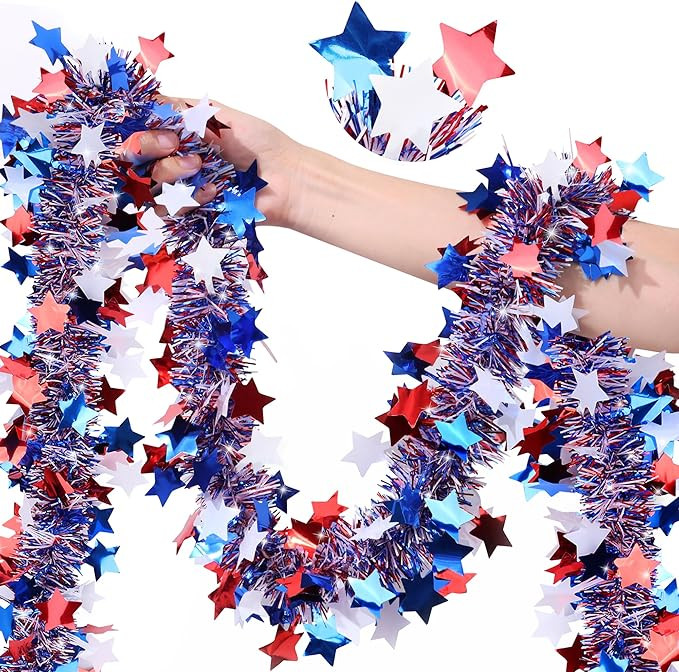 33FT 4th of July Patriotic Decor Tinsel Garland Decorations, Red White and Blue Star Garlands for... | Amazon (US)