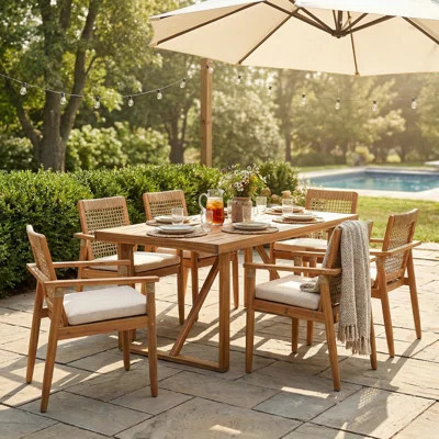 7 Pieces Acacia Wood Outdoor Dining Set with Cushions,Modern 6 Chairs with Handwoven Cord and 1 Large Table, Dining Furniture Set for Lawn, Backyard, | Wayfair North America