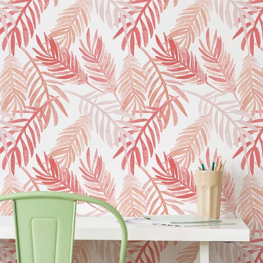 Flipside Pink and Peach Palm Leaves Peel and Stick Removable Wallpaper - Each Roll is 18 ft. Long... | Amazon (US)
