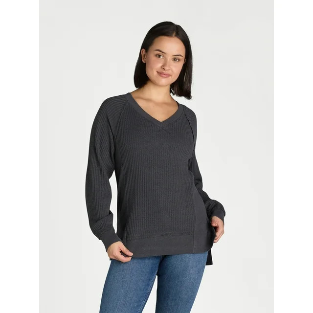 Time and Tru Women's and Women’s Plus Waffle Knit Sweatshirt, Sizes XS-XXXL | Walmart (US)