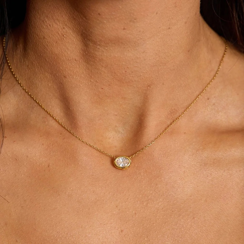 Gold CZ Bezel Waterproof Pendant Necklace | Nickel and Suede