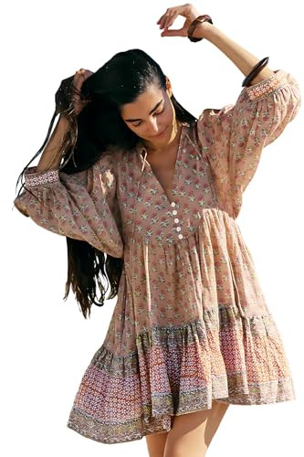 Summer Dresses for Women Boho Babydoll Puffs Flowy Floral V Neck Mini Dress | Amazon (US)