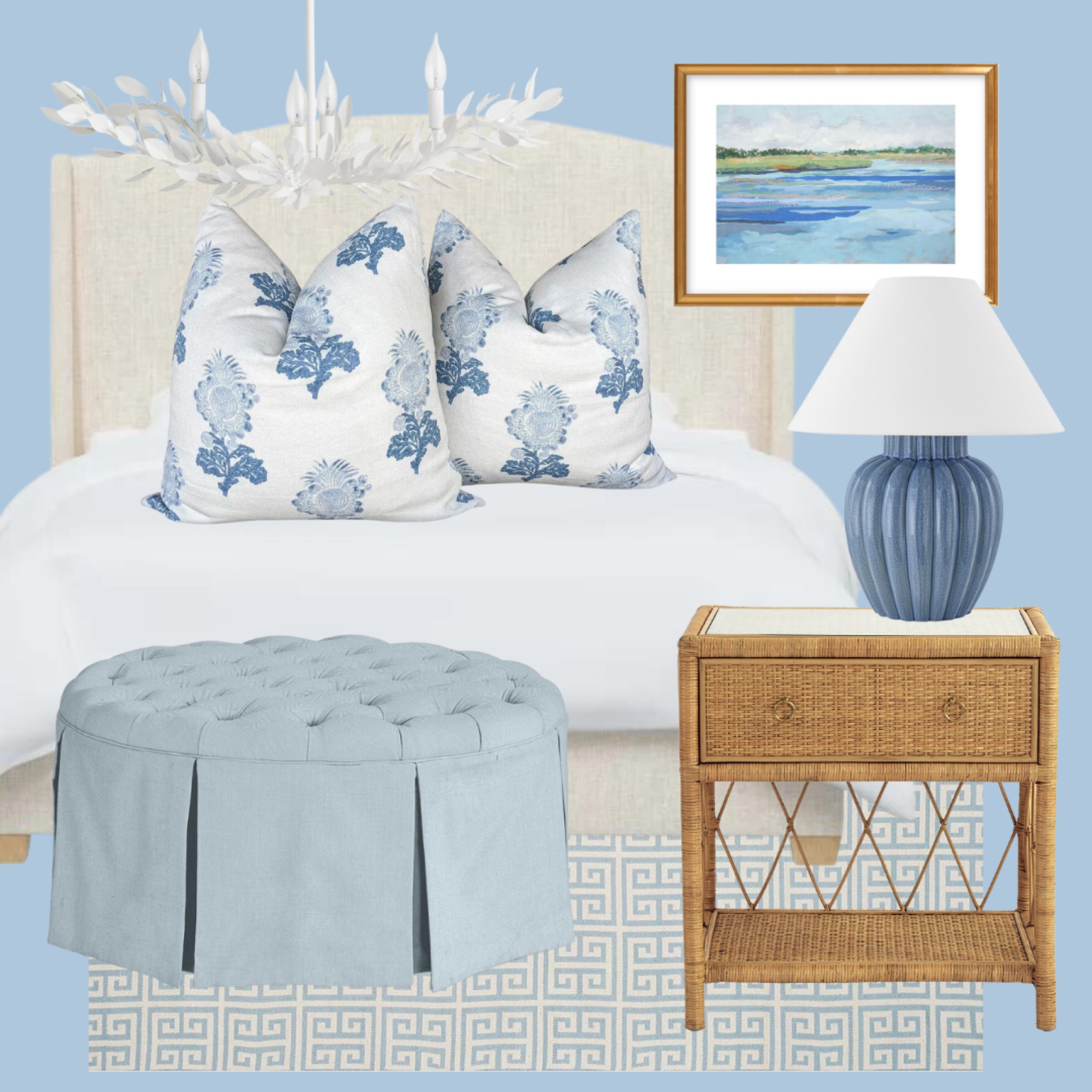 Master bedroom ideas; interior design inspo; upholstered king bed; blue and white home; block print; white chandelier; home decor finds; landscape art; skirted ottoman; sale finds; woven nightstand; blue bedroom

#LTKhome #LTKsalealert #LTKFind