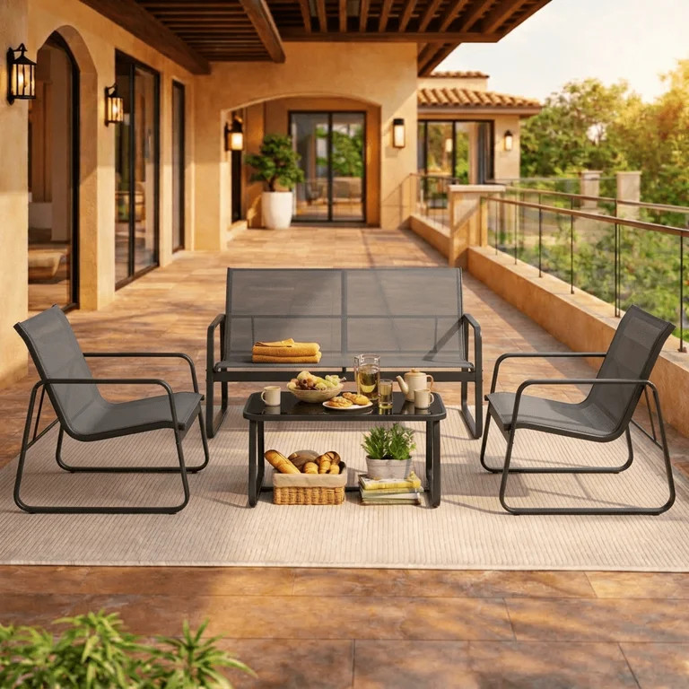 4-Piece All-Weather Steel Patio Conversation Set - Thick Cushioned Outdoor Sofa with Tempered Gla... | Walmart (US)
