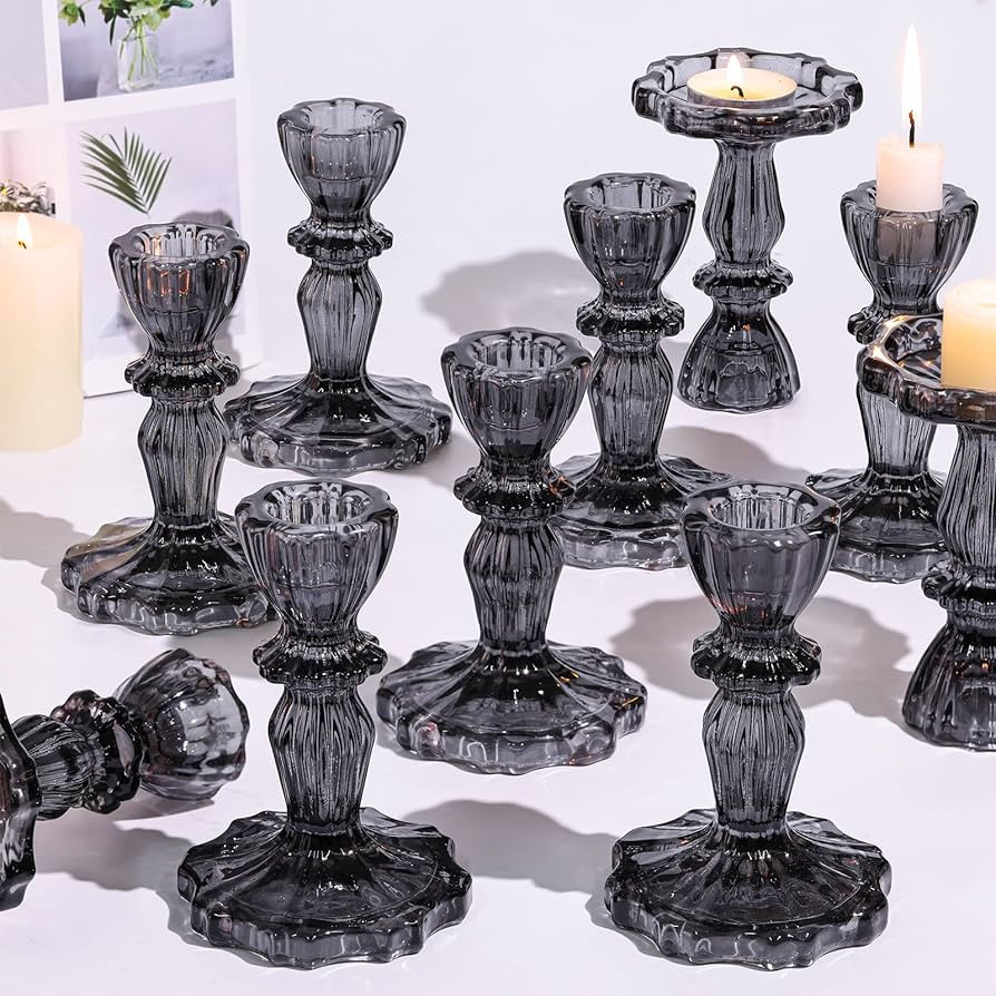 12pcs Taper Candle Holders, Black Candlestick Holders, Glass Candle Holder - Vintage Flower Desig... | Amazon (US)
