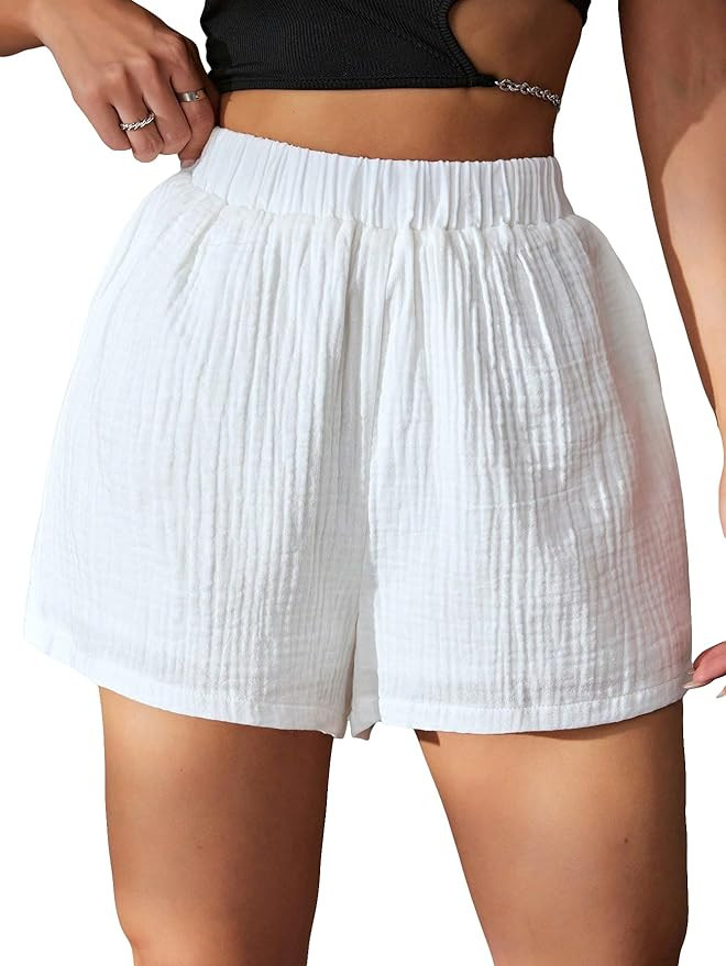 Women's Straight Leg Elastic Waist Shorts Casual Textured Summer Shorts Lounge | Amazon (US)