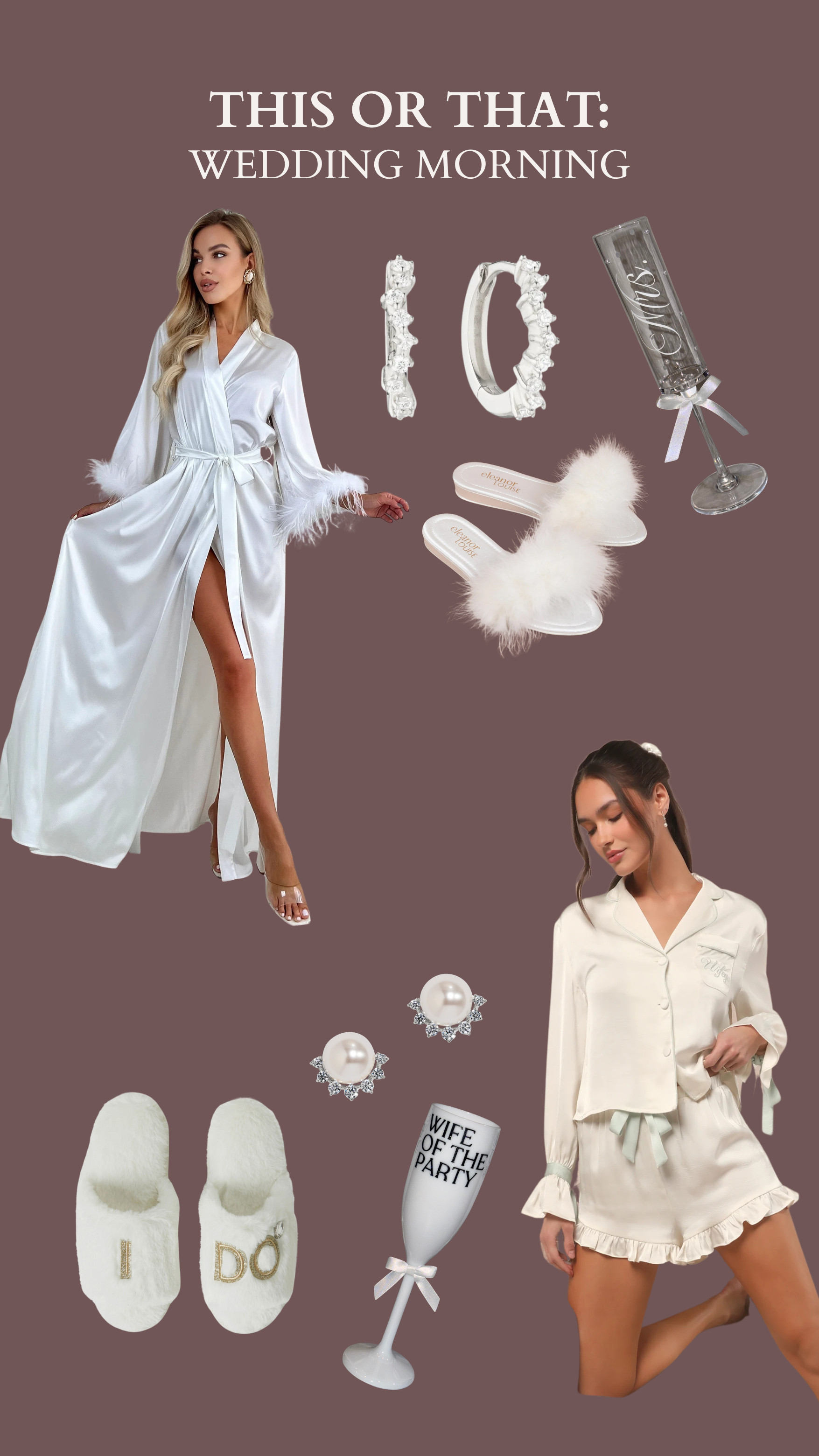 This or That: Wedding Morning Edition 🤍 

Are you a satin robe or cozy PJs kind of bride? Either way, it’s your day to feel beautiful, comfortable, and totally you. 

Linked both getting-ready looks — complete with slippers, earrings, and bridal glasses 💍 #weddingmorning #bridetobe #gettingreadyoutfit #bridalstyle #weddingfashion 

 #LTKParties #LTKStyleTip #LTKWedding