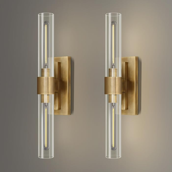 YUYI Brass Wall Sconces Set of Two, 22.8'' Gold Bathroom Sconces Wall Decor with Clear Glass Shade, Indoor Vanity Wall Lights for Bathroom Living Room Bedroom Hallway Fireplace Staircase | Amazon (US)
