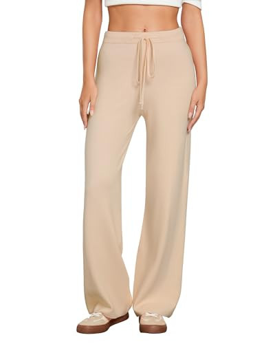 GRAPENT Women's Ribbed Knit Flowy Winter Pants Elastic Waist Tie Front Wide Leg Sweater Pants Beige Medium Size 8 to 10 | Amazon (US)