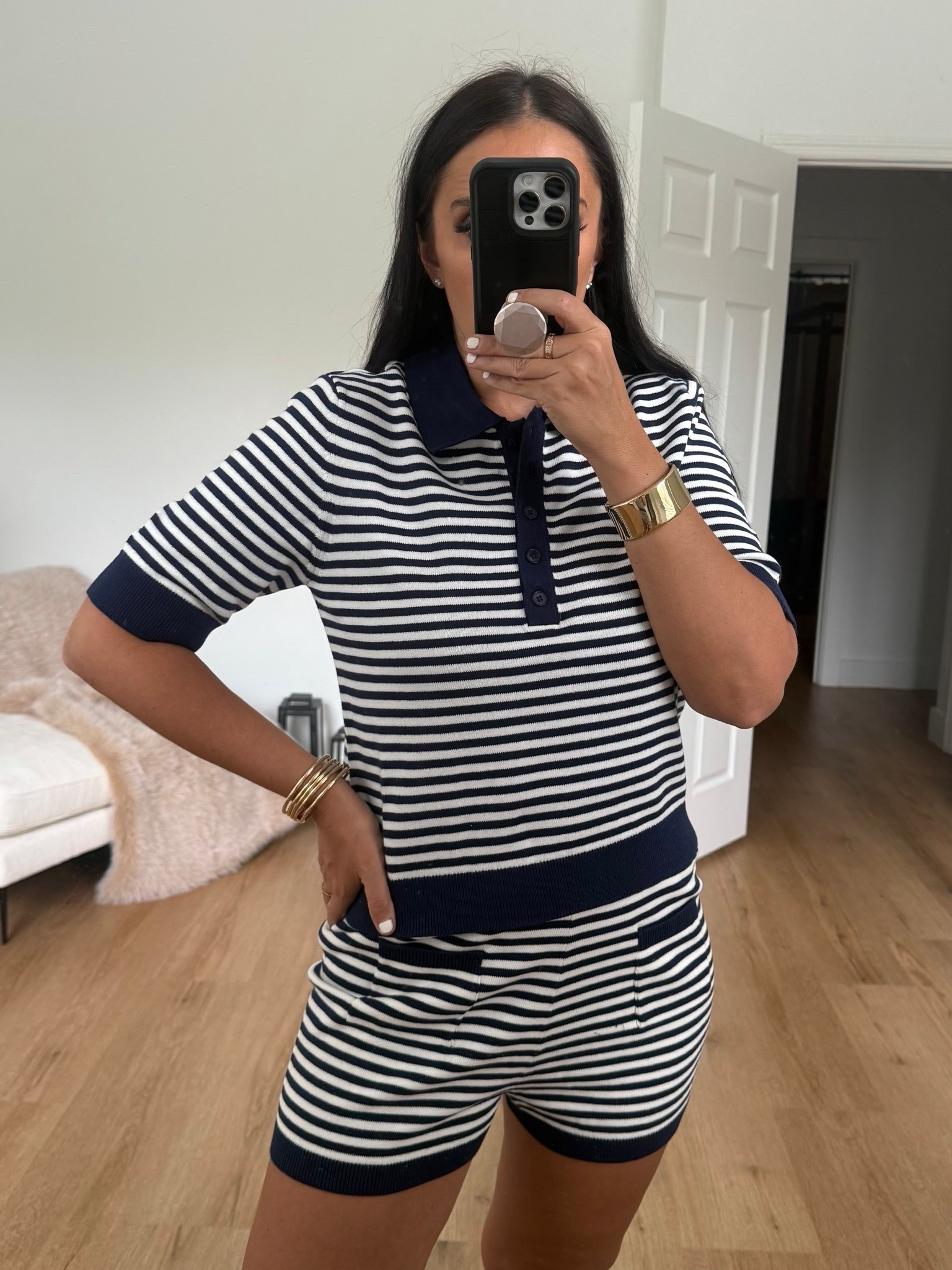 Amazon fashion find The Drop Women's Polo Sweater and matching shorts set wearing size medium 