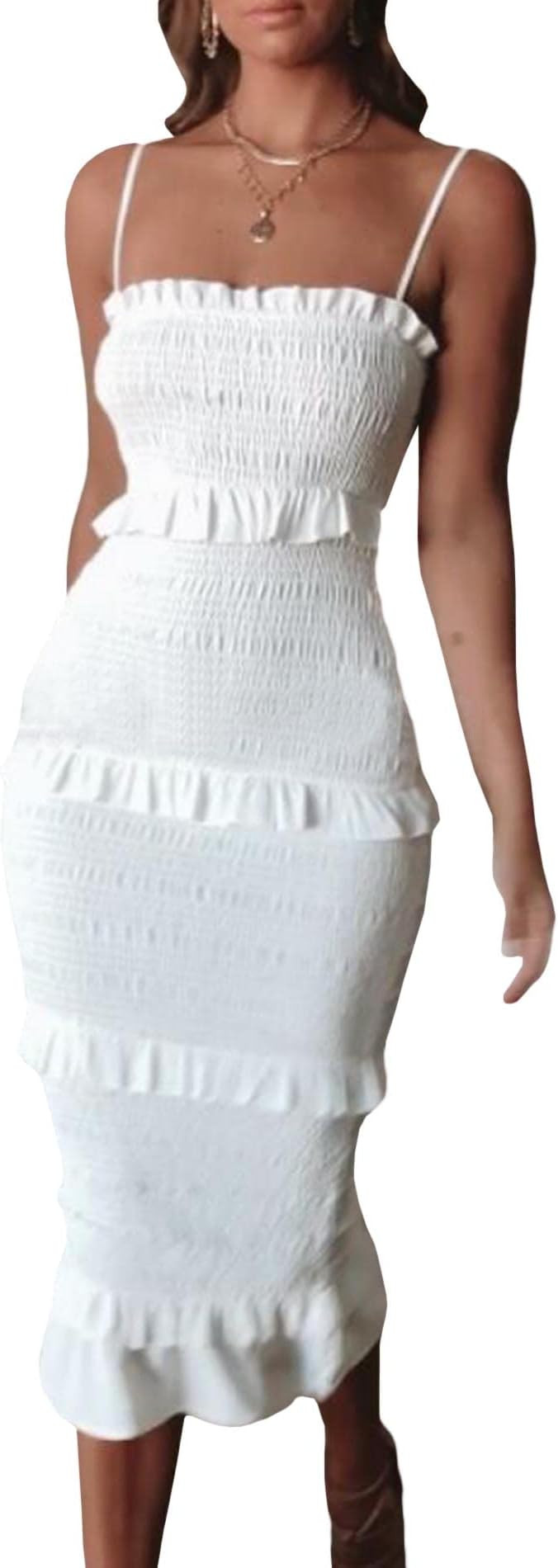 Women's Sexy Frill Trim Shirred Bodycon Midi Dress Spaghetti Strap Sleeveless Backless Long Dress... | Amazon (US)