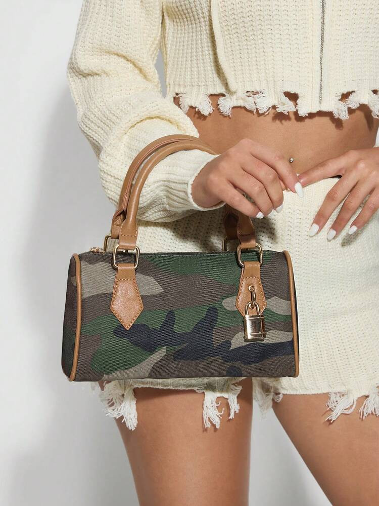 SHEIN SXY Ladies, Women Top Handle Bags, Golden Padlock Decoration, Camouflage Print, Fashionable, Elegant, Simple, Personalized, Versatile, Classic, Street,For Date, Daily, Shopping, Afternoon Tea, Vintage Bag For Women | SHEIN