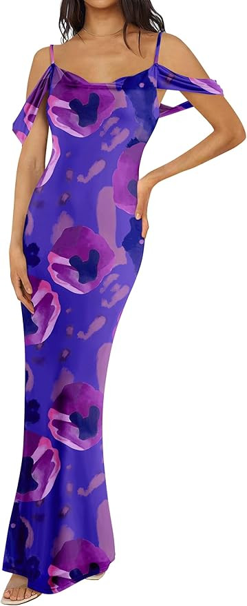 MASCOMODA Spaghetti Strap Long Maxi Dresses for Women 2025 Summer Floral Sexy Bodycon Backless Fo... | Amazon (US)