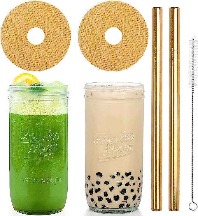ANOTION Mason Jar with Lid and Straw, 24oz Wide Mouth Boba Cup Reusable Drinking Glasses Tumbler ... | Amazon (US)