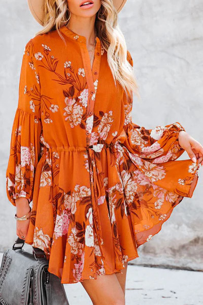 Women's Long Sleeve Ruffle Dress Floral Flowy Boho Mini Short Beach Dress | PinkQueen Apparel Inc.