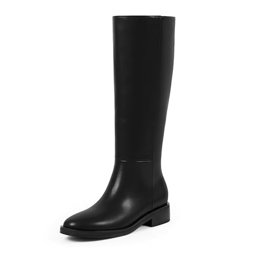 Modatope Black Knee High Boots Women Round Toe Chunky Low Flat Heel Side Zipper Fall Black Tall Boots for Women Size 6.5 | Amazon (US)