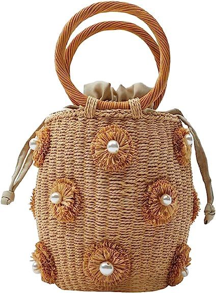 NIBD Flower Pearls Rattan Tote Bag Summer Beach Drawstring Straw Bucket Bag Diamonds Woven Handba... | Amazon (US)