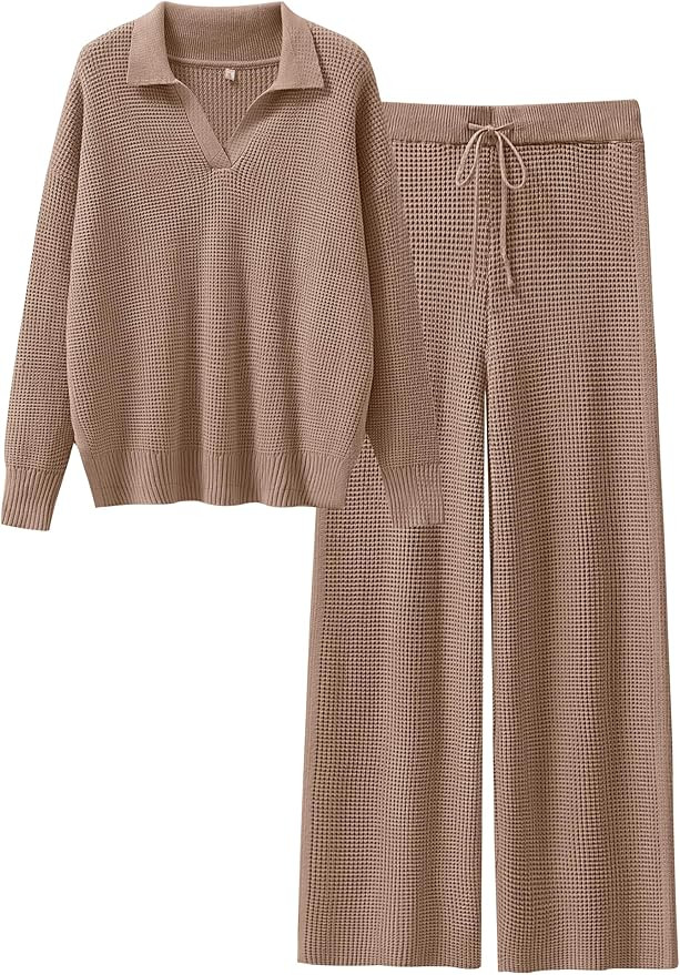 ANRABESS Womens Two Piece Outfits Sweater Sets Waffle Knit Pullover Wide Leg Pants Tracksuit Swea... | Amazon (US)