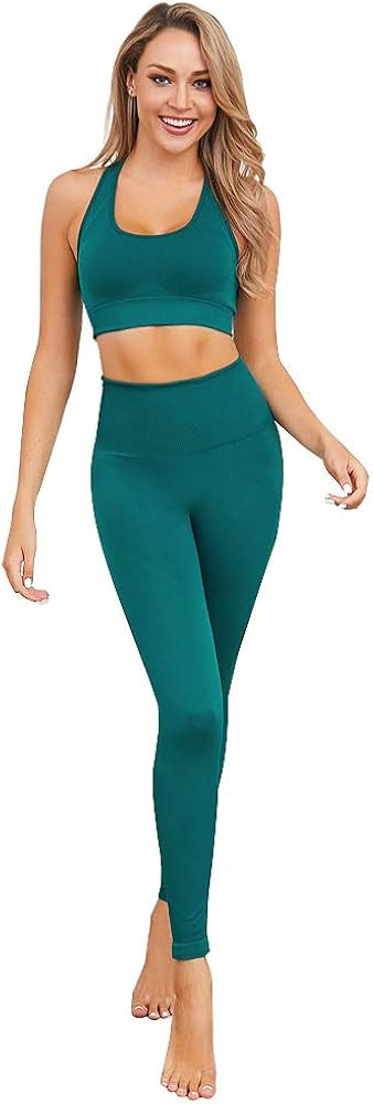 Jetjoy Yoga Outfits for Women 2 Piece Set,Workout High Waist Athletic Seamless Leggings and Sport... | Amazon (US)
